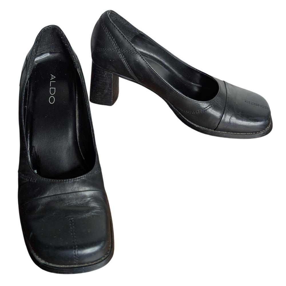Aldo‎ Women's 38 Black Square Toe Retro 90s Chunky Heel Shoes